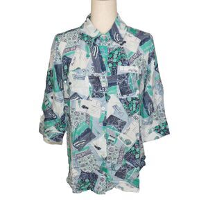 Denim & Co Linen Blend Postcard Travel Beach Tropical Button Up Top Size Small